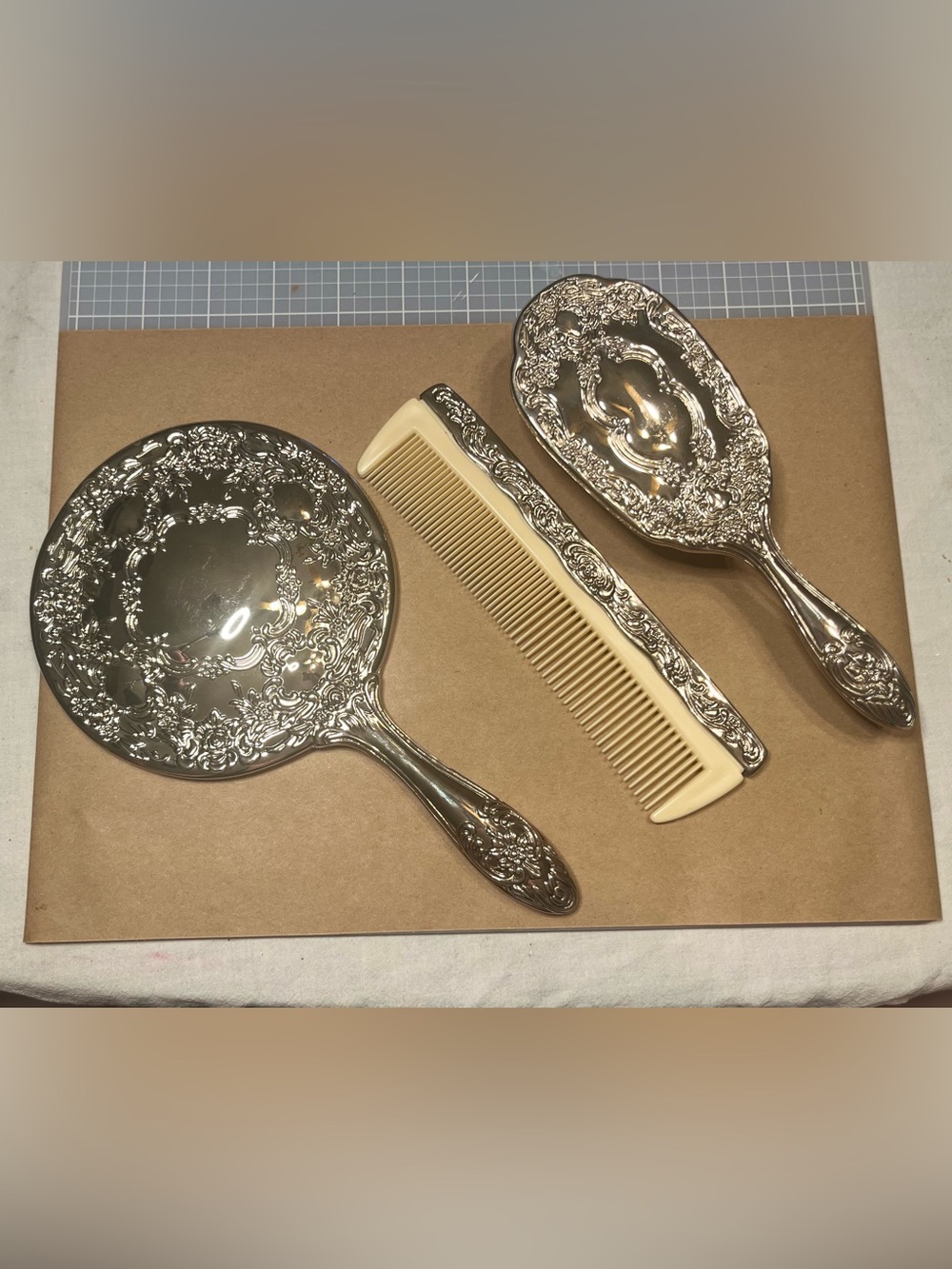 Ornate Silver Vanity Mirror, Brush & Ivory Comb Set